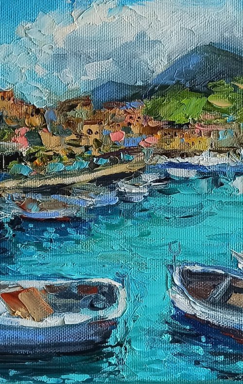 Beach towns in Tuscany oil painting blue ocean landscape wall decor 7x11" by Leyla Demir