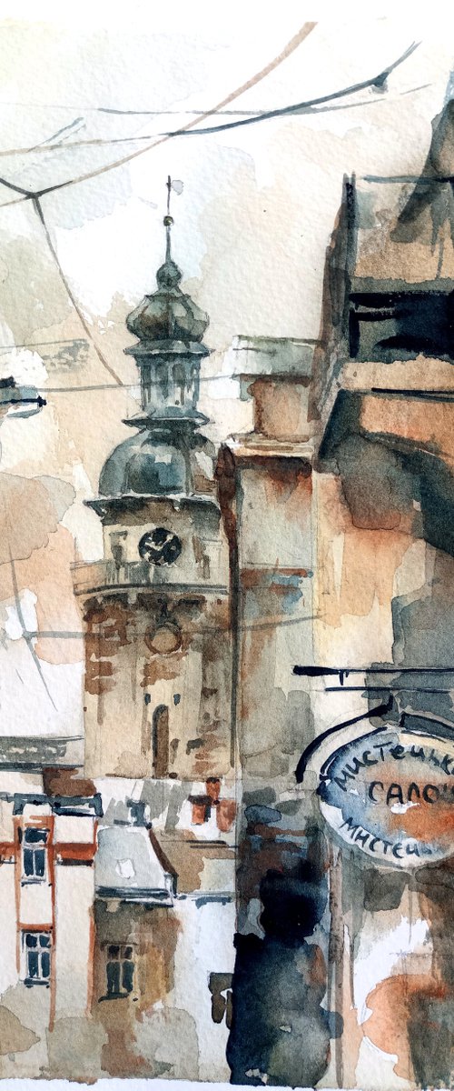 "Street in Lviv" - City scene in monochrome colors - Original watercolor painting by Ksenia Selianko