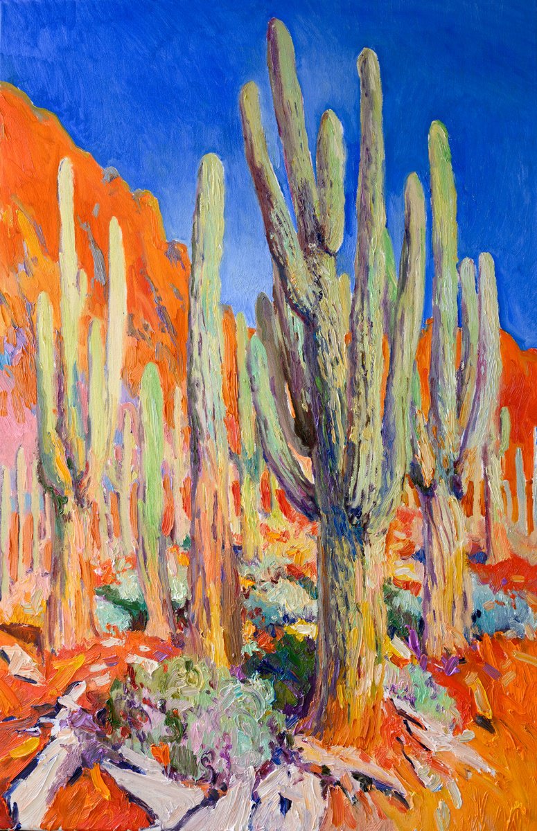 Expressive Landscape Oil Painting By Suren Nersisyan, 24 X 36", Saguaro Cactuses, Arizona, Original Artwork