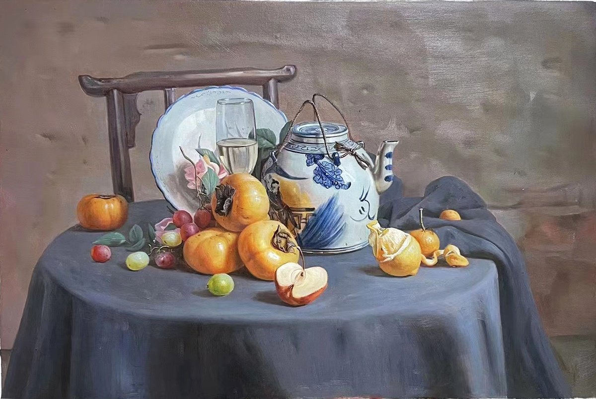 Still life:persimmons and China on the desk by Kunlong Wang