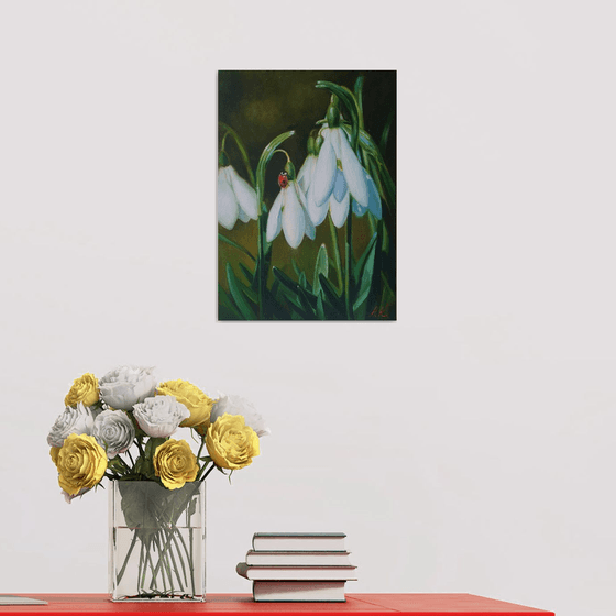 "Guest."  flower snowdrops ladybug  liGHt original painting  GIFT (2020)