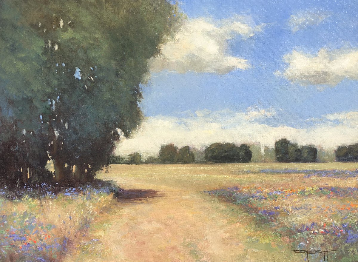 Country Road 210415, flower field impressionist landscape oil painting by Don Bishop