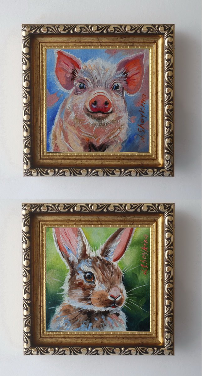 Impressionistic Animal Oil Painting By Natalia Shaykina, 5 X 5", Piglet And Bunny, Set 2, Original Artwork