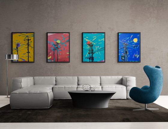 XXXL Urban painting-"Electricity"-Pop art-Polyptych-Bright-Street art-Diptych-Electric pole-Urban-Sunset