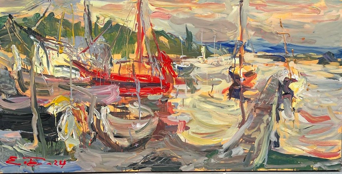 Expressive Landscape Acrylic Painting By Eduard Belsky, 79 X 39, The Old Boats, Original Artwork