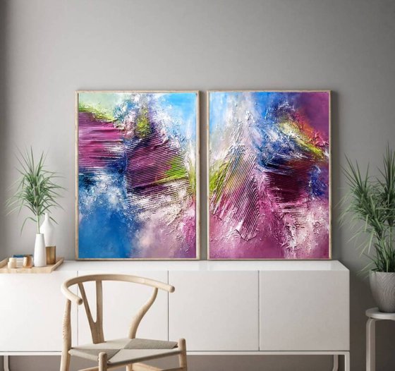 Rainbow clouds 2x50x70cm Abstract Textured Painting