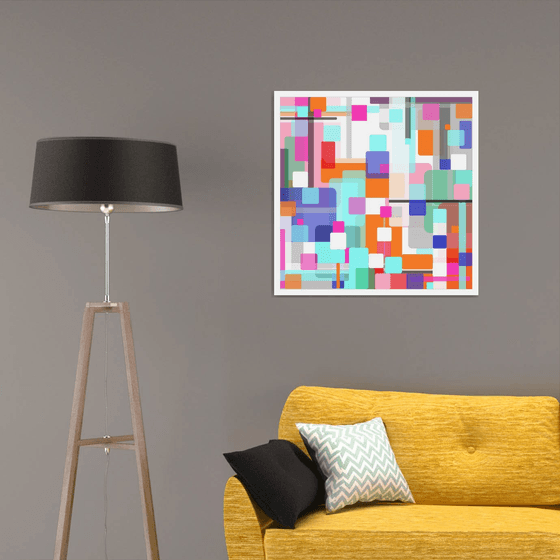 Abstraction artwork multi-colored orang yellow white pink blue black abstract