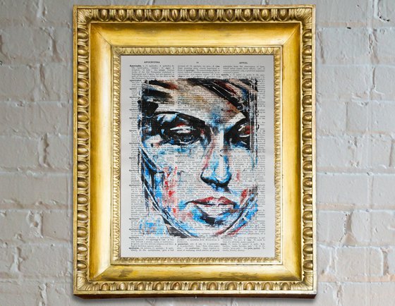 Marble Face - Collage Art on Large Real English Dictionary Vintage Book Page