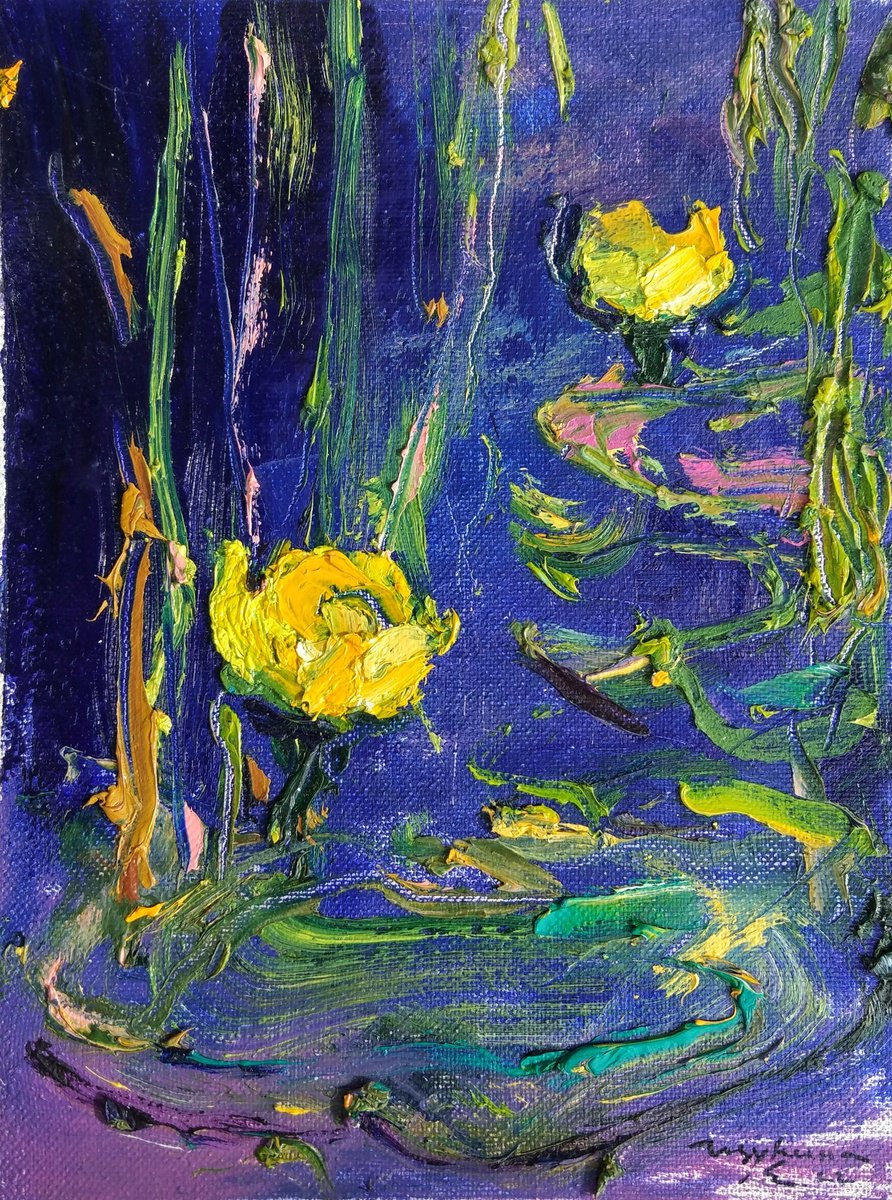 Water lilies small painting | Yellow and blue | Original oil painting by Helen Shukina