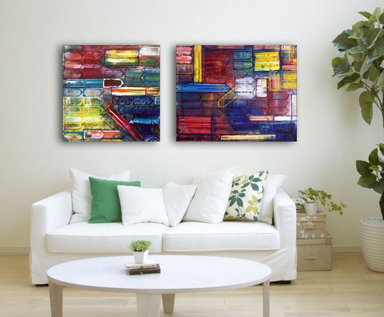 "Take It From Me" - FREE USA SHIPPING - Original Large PMS Abstract Diptych Oil Paintings On Canvas - 54" x 24"