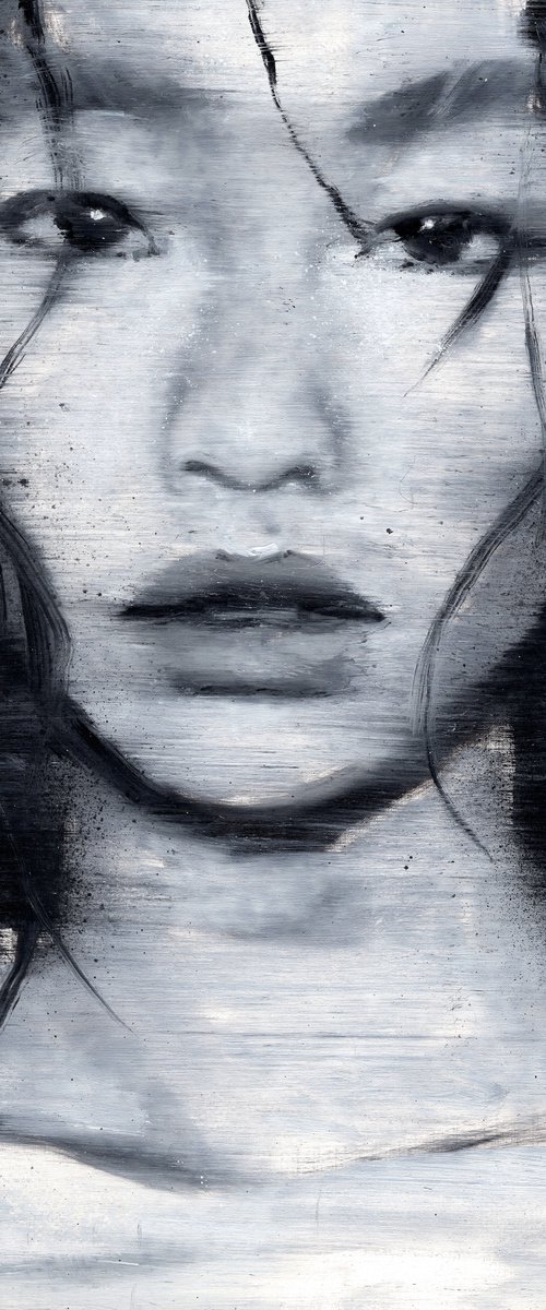 Ho Yeon Squid game actress | Black and white oil painting on paper | beautiful powerful make up actress muse vibe woman lady by Renske Karlien Hercules