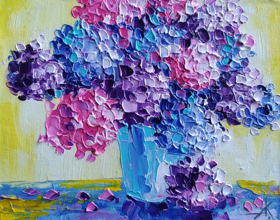 Flowers in the house - small painting, bouquet, hydrangea, flowers oil painting, oil painting, flowers,  postcard, gift idea, gift