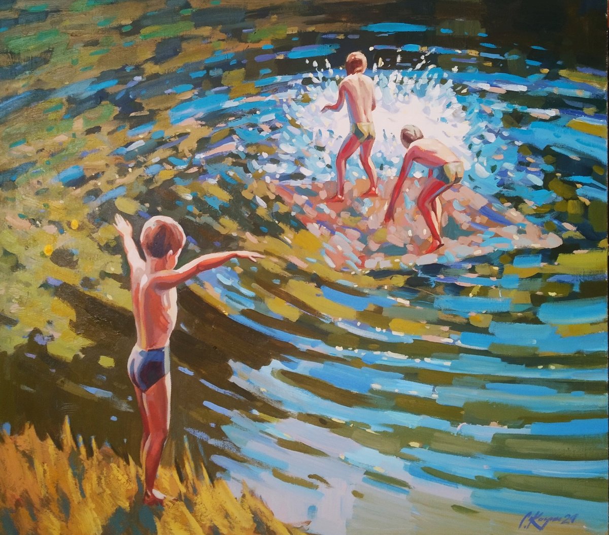 Impressionistic Landscape Acrylic Painting By Sergey Kachin, 39 X 35", Summer, Original Artwork