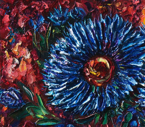 Blue Asters ( PALETTE KNIFE Oil Painting On Canvas )