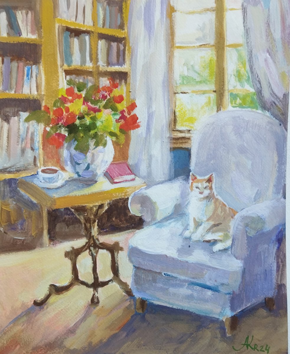 Impressionistic Animal Painting By Ann Krasikova, 10 X 12, Cozy Reading Corner, Original Artwork