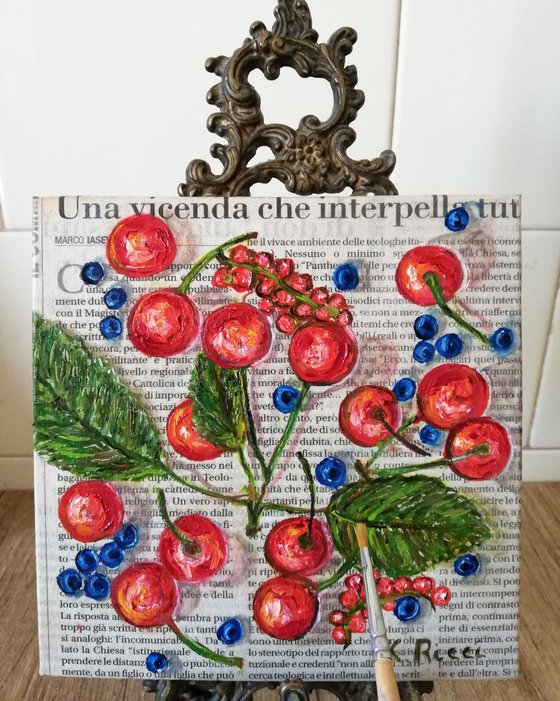 "Cherries Blueberries on Newspaper" Original Oil on Canvas Board Painting 6 by 6 inches (15x15 cm)