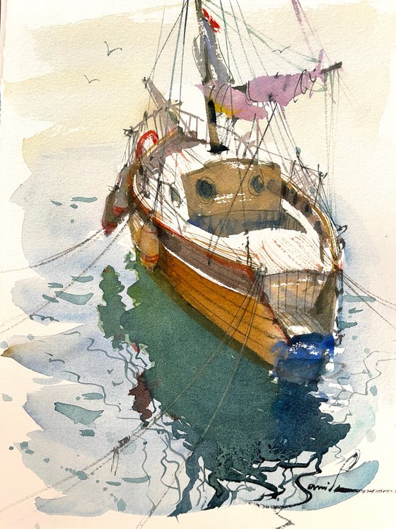 Yachts in the port. Watercolor painting