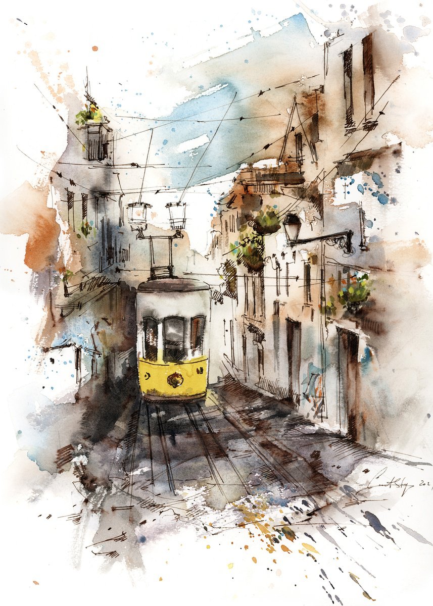 Impressionistic Landscape Painting By Sophie Rodionov, 12 X 16", Lisbon Tram, Original Artwork