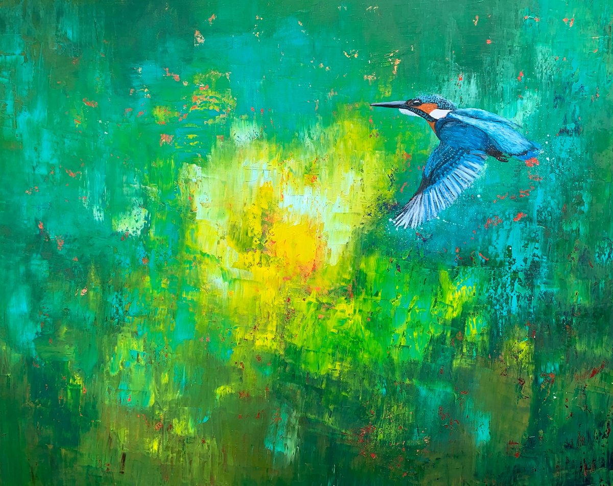 Impressionistic Animal Oil Painting By Laure Bury, 39 X 31", A Flash Of Blue ~ Kingfisher, Original Artwork