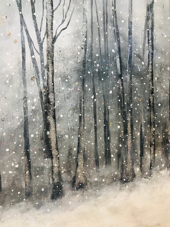Winter snowing forest trees