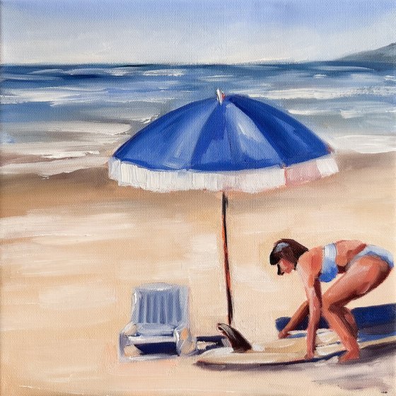 Surf Breaktime - Woman on Beach Painting