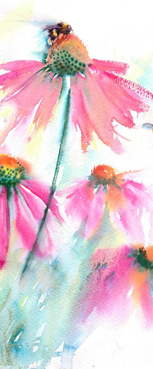 Bees on pink flowers by Anjana Cawdell