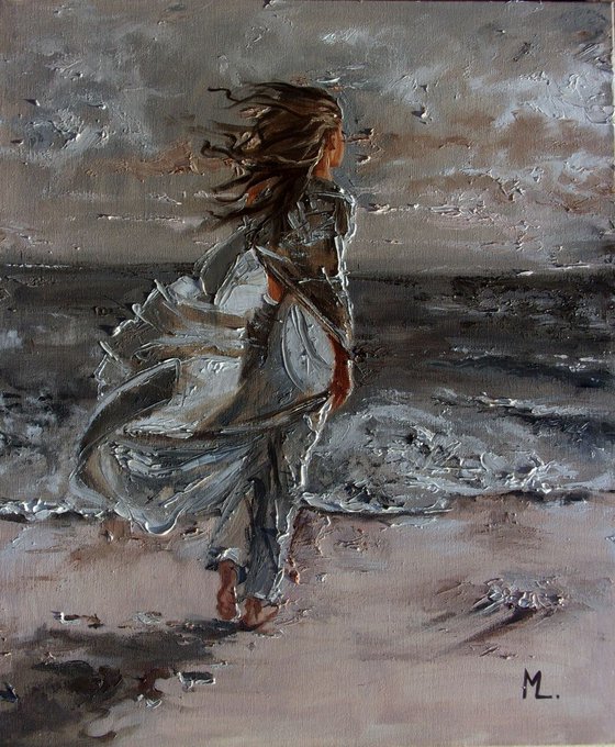 " A WALK ... "- SKY SEA SAND liGHt  ORIGINAL OIL PAINTING, GIFT, PALETTE KNIFE