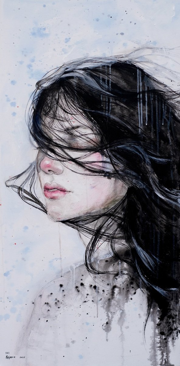 Abstract Portrait Painting By Belyaeva Oleksandra, 24 X 47, Wind, Original Artwork