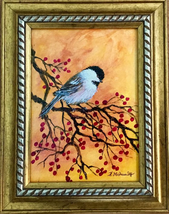 Gold Chickadee - original 5X7 framed acrylic painting on watercolor paper