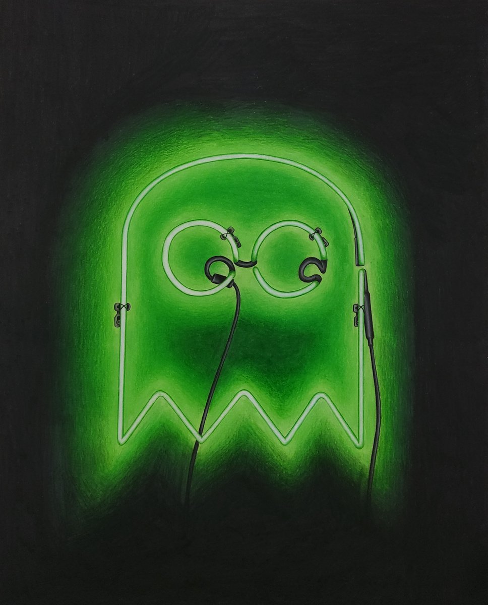 Urban And Pop Still Life Pencil Drawing By Daniel Shipton, 16 X 20, Neon Pencil Pacman No1, Original Artwork