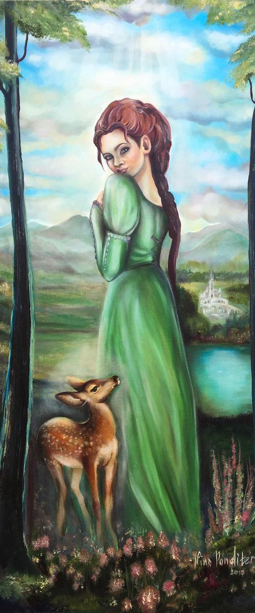 Bernadette and a fawn - original magical and spiritual oil art painting on stretched canvas by Nino Ponditerra
