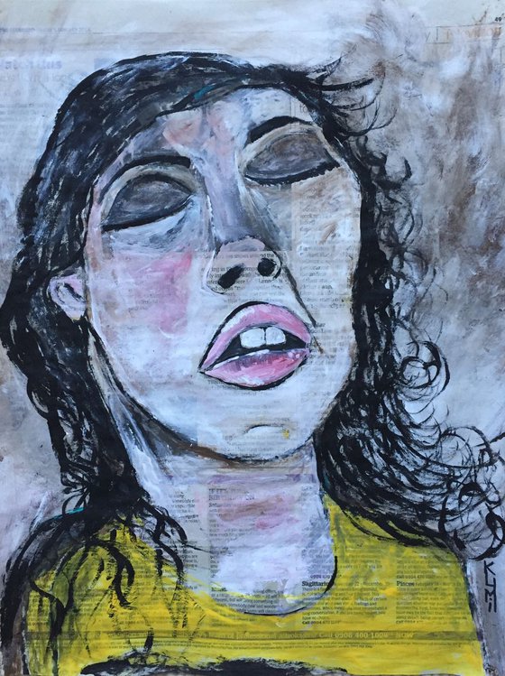 That Face Acrylic on Newspaper Face Art Woman Portrait Pink Lips 37x29cm Gift Ideas Original Art Modern Art Contemporary Painting Abstract Art For Sale Free Shipping
