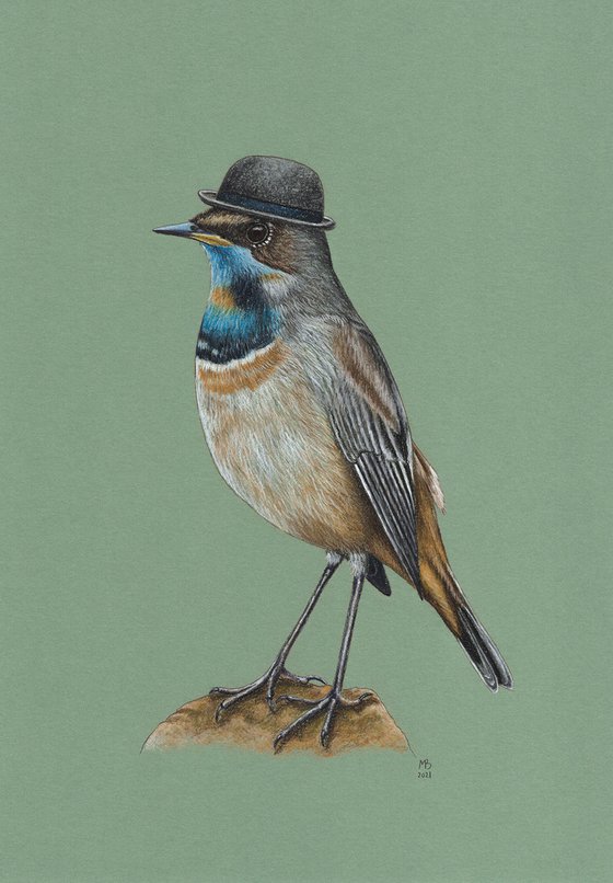 Original pastel drawing bird "Bluethroat"