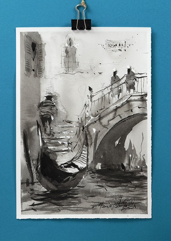 Venice original ink sketch painting. Gondolas.