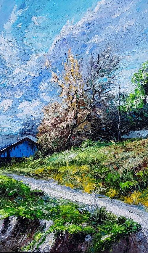 Spring in village (80x120cm oil painting, impressionism) by Andranik Harutyunyan