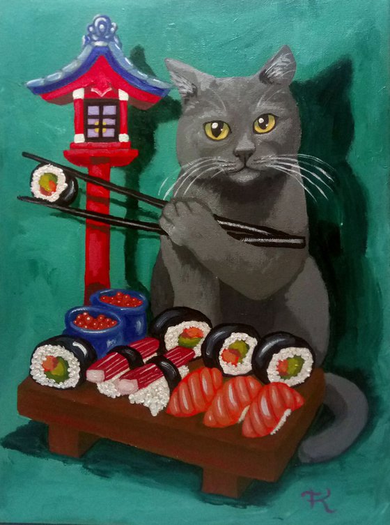 Grey Cat With Sushi