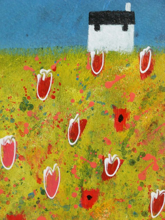 White Cottage with Poppies and Tulips