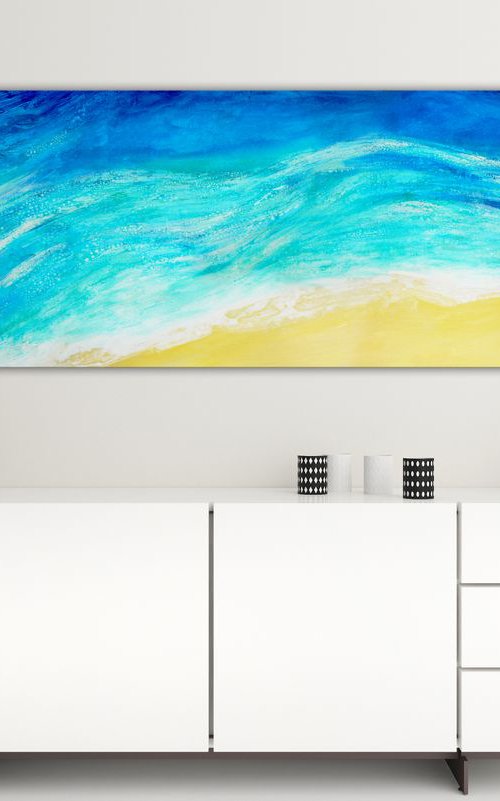 Whispering Waves  (Ready to hang - Large painting in turquoise and blues, water, seaside, waves) by Carolynne Coulson