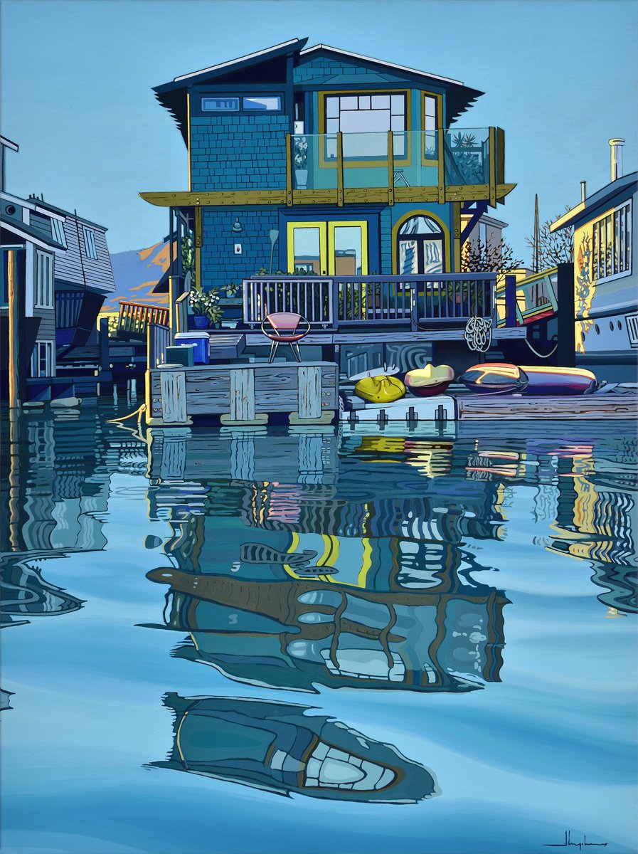 Photorealistic Landscape Acrylic Painting By Alex Nizovsky, 30 X 40, Sausalito Houseboat / Evening, Original Artwork