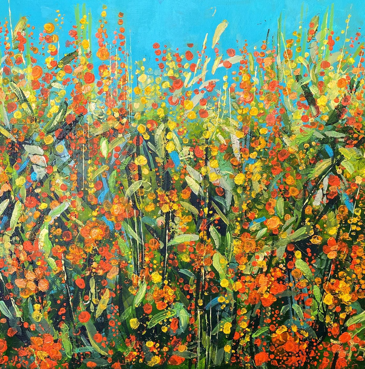 Impressionistic Landscape Acrylic Painting By Colette Baumback, 16 X 16, Orange Flowers, Original Artwork