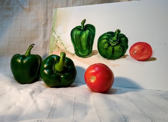 Still life with capsicums and tomato