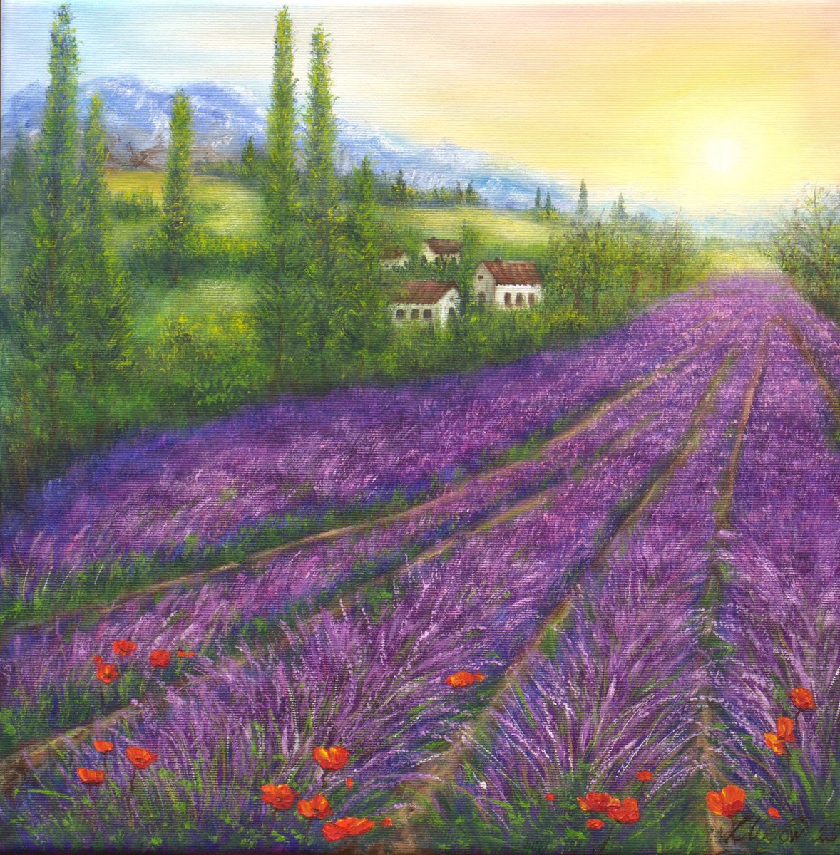 Impressionistic Landscape Oil Painting By Ludmilla Ukrow, 16 X 16", Lavender In Provence, Original Artwork