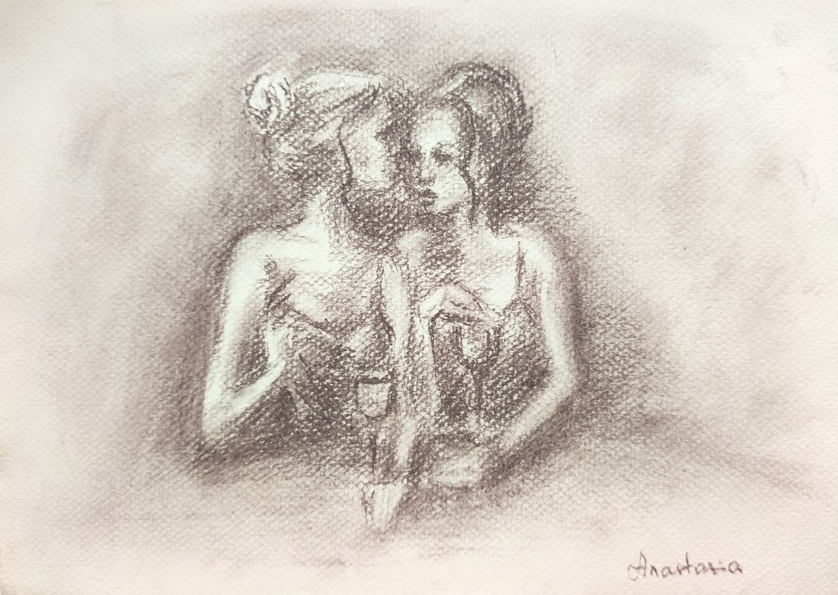 Graphic Art Charcoal Drawing Friends Chatting in a Bar Girls Secret Black and White by Anastasia Art Line