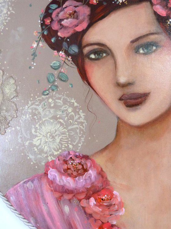 "Eglantine in april"  acrylic on round canvas 50cm