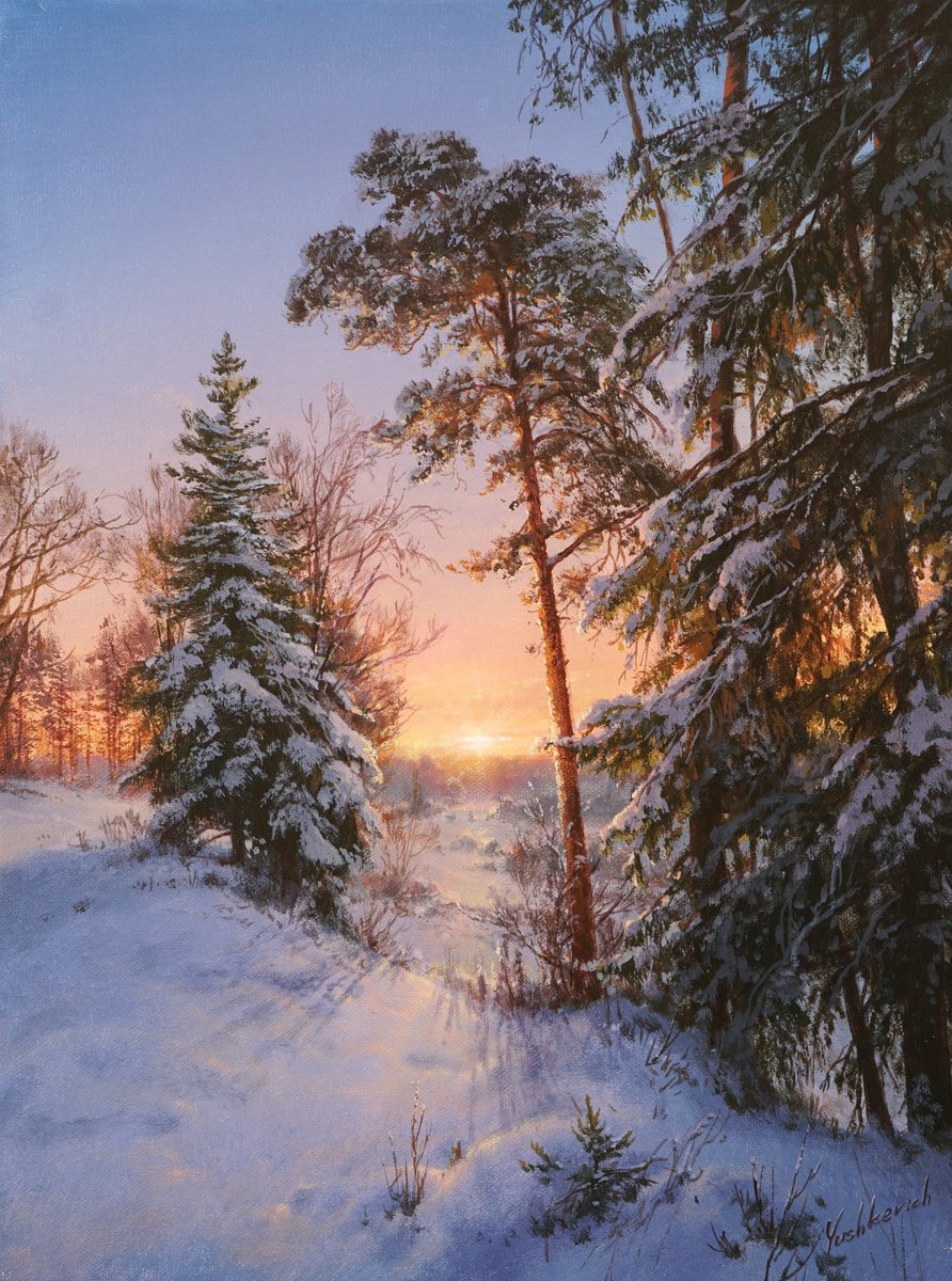 Photorealistic Landscape Acrylic Painting By Viktar Yushkevich Yuvart, 12 X 16", Winter Poetry, Original Artwork