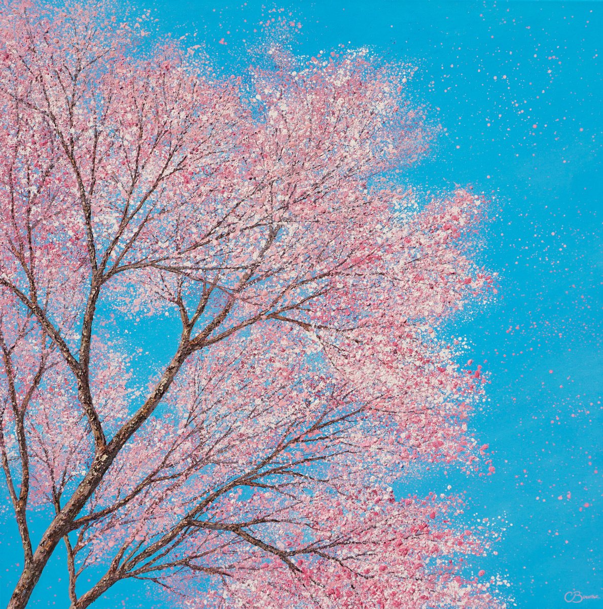 Cherry blossom dances in the blue, blue sky | 76cm x 76cm by Chris Bourne