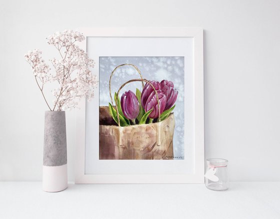 Tulip Bouquet in Paper Bag watercolor painting