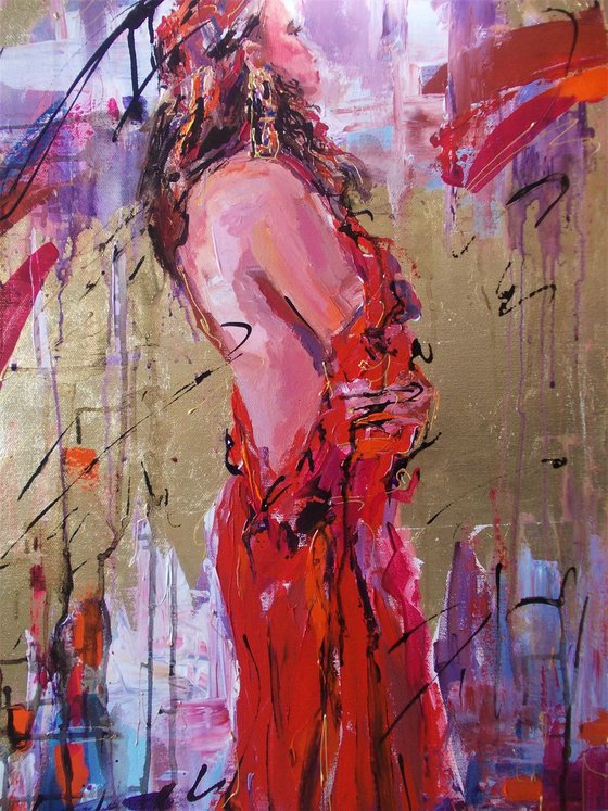 Woman in Red-figurative painting on canvas.