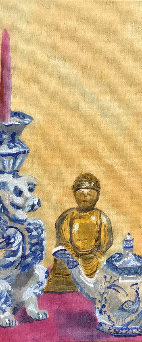 Original oil painting of an antique chinese candlestick and other items by Julian Lovegrove Art