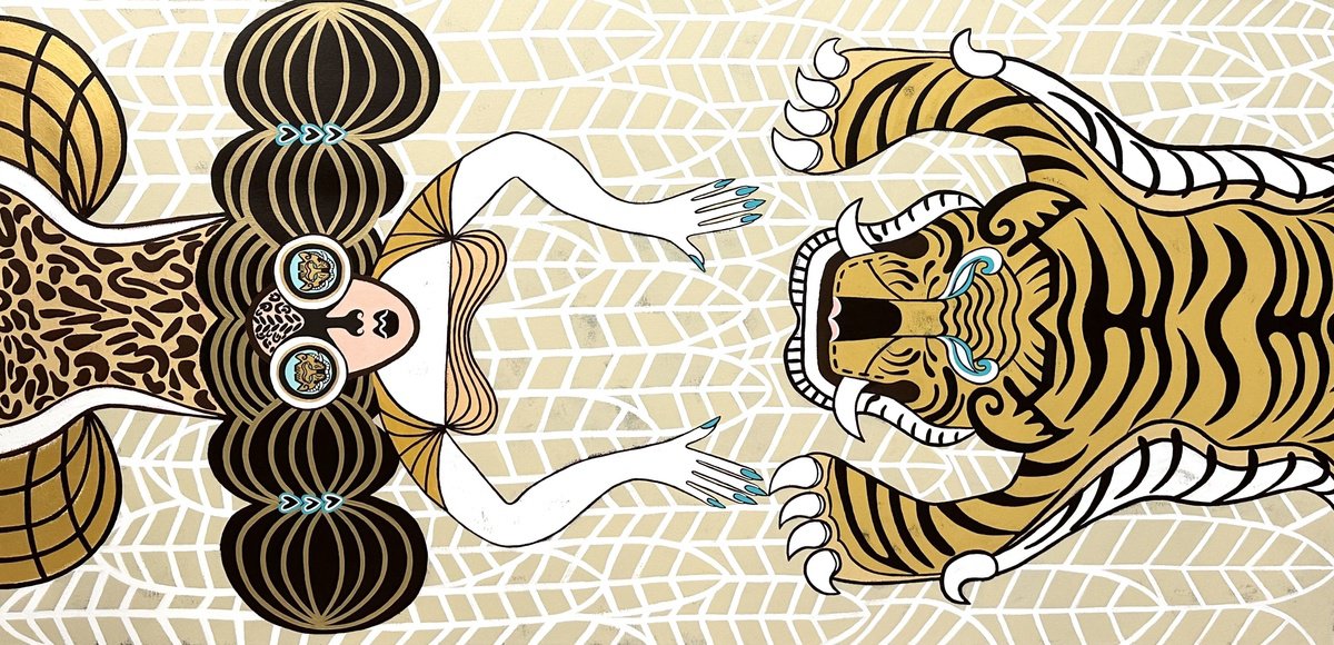 Surrealistic Portrait Acrylic Painting By Diana Rosa, 60 X 30, Tibetan Rug, Original Artwork